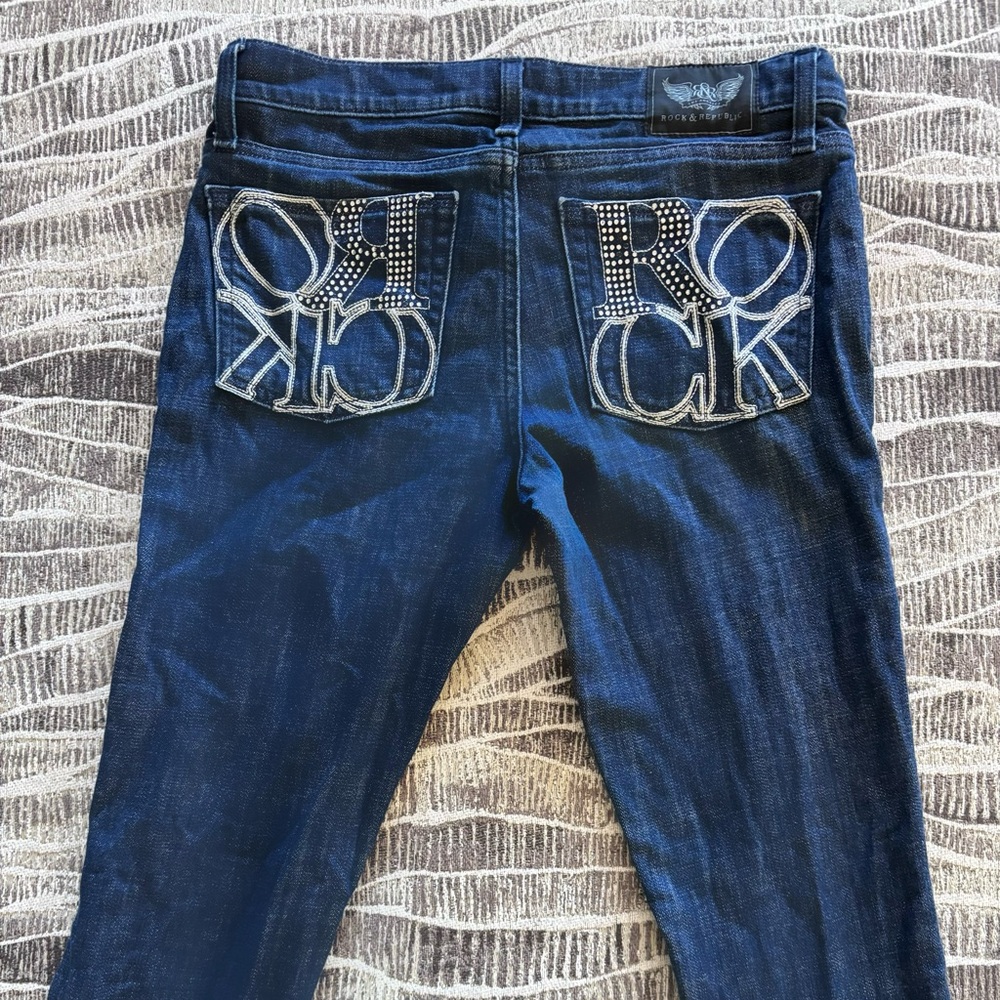 Rock Revival Blue Jeans with Embroidered Design and Slim Fit